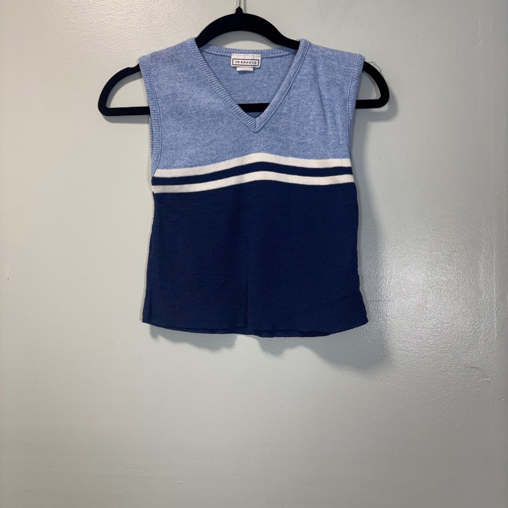 In Charge Vintage Girls 90s Blue Striped V-Neck Sweater Vest Large Made in‎ USA